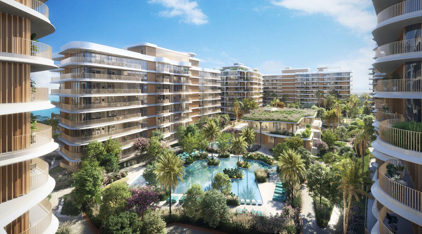 Mamsha Gardens facade featuring warm wood accents and a soulful blue palette, Saadiyat Island
